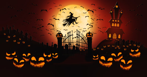 万圣节南瓜在墓地与蝙蝠飞行和女巫骑扫帚在满月的天空与鬼屋的背景图片下载