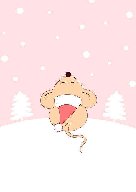 新年温顺的老鼠戴着圣诞老人的帽子，看着雪花飘落。可爱的老鼠映衬着白雪皑皑的风景和粉红色的天空。圣诞啮齿类动物作为2020年贺卡和祝贺的象征图片下载