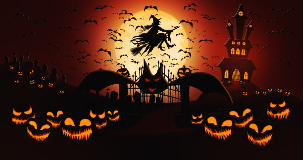 万圣节南瓜在墓地与蝙蝠飞行和女巫骑扫帚在满月的天空与鬼屋的背景图片下载