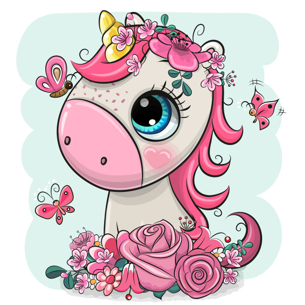 卡通独角兽与花在蓝色的背景图片下载