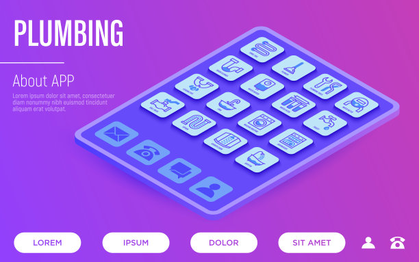 管道网页模板。平板电脑上的按钮与细线等距图标。水表、浴缸、水槽、滤水器、水龙头、洗衣机、洗碗机、虹吸。矢量插图。图片下载
