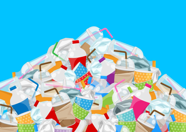 堆垃圾垃圾塑料和纸在山状孤立在蓝色背景，瓶子塑料垃圾垃圾很多，堆塑料瓶子纸杯垃圾倾倒，污染垃圾图片下载