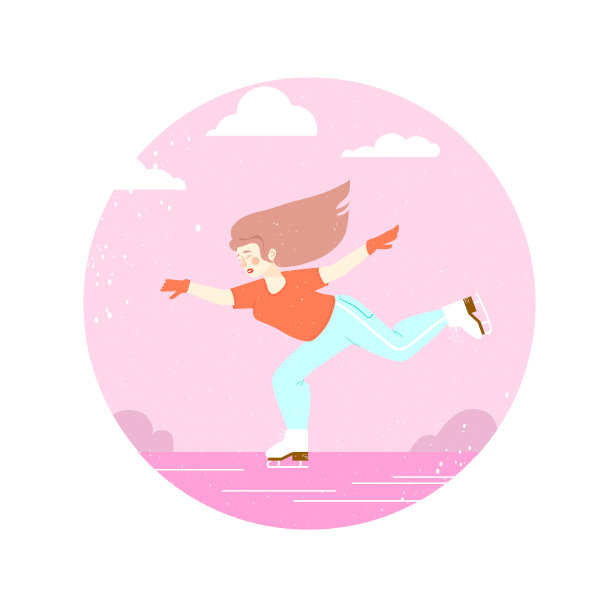 女人花样滑冰。在溜冰场上快乐地滑冰。冬季运动。快乐的假期。风景。圆形框架。粉红色。白色背景。图片下载