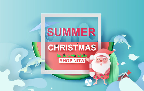 带西瓜的夏季圣诞促销横幅。特别优惠创意剪纸和工艺的卡片和海报。圣诞老人微笑着穿着沙滩服旅游游泳装饰用海豚的概念。向量图片下载