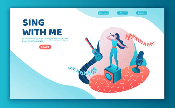 歌手大赛3d等角登陆页，矢量彩色插图，女孩用麦克风唱歌，电台人，听音乐，网站模板，ui, ux设计图片下载