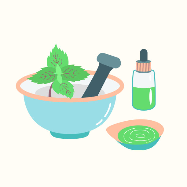 从薄荷中提取的香精油，用推杆配制的研钵图片下载