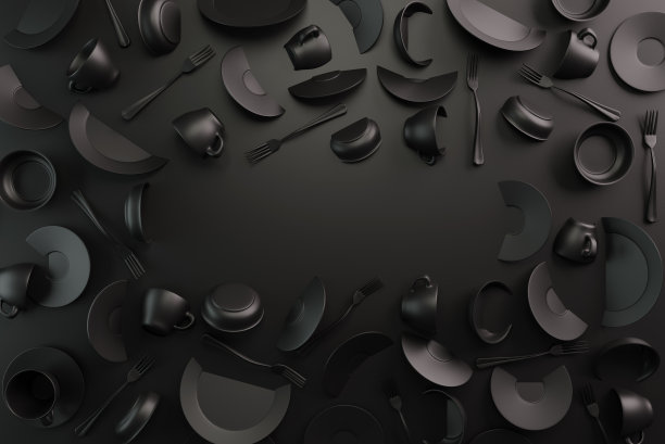 黑色食物背景概念设计菜单餐厅或咖啡馆。复制您的标识空间。食物的传单。配合陶瓷盘子和盘子。深色背景上放着灰色的咖啡杯和咖啡碟。三维渲染图片下载