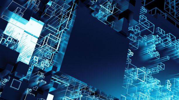 详细的蓝色立方体技术，人工智能或区块链主题。图片下载