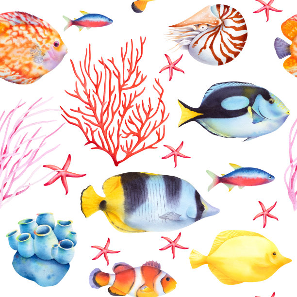 无缝图案与珊瑚礁鱼和海绵。水彩背景。热带海洋野生动物。图片下载