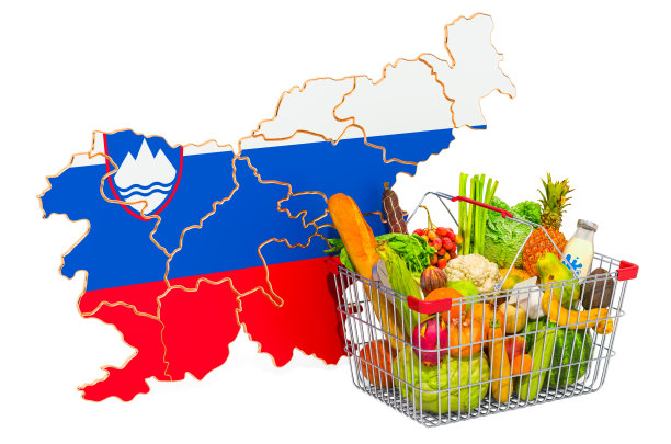 斯洛文尼亚的购买力和市场篮子概念。购物篮与斯洛文尼亚地图，3D渲染孤立的白色背景图片下载