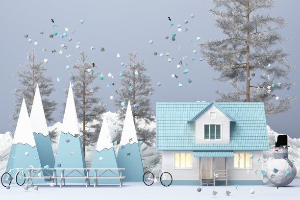 美丽的圣诞冬季雪景背景与山和低聚冷杉树。三维渲染图片下载