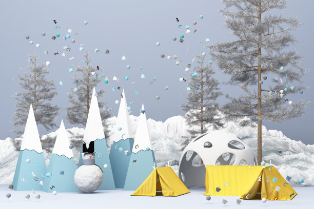 美丽的圣诞冬季雪景背景与低聚冷杉树与黄色帐篷。三维渲染图片下载