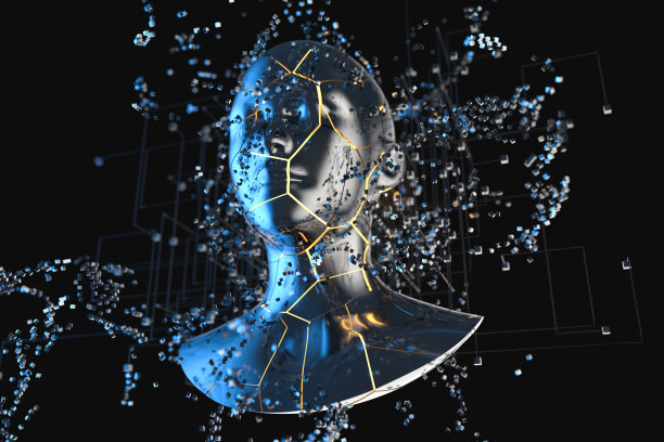 蓝色金属粒子人头，3d渲染。图片下载