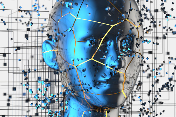 蓝色金属粒子人头，3d渲染。图片下载