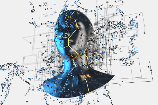 蓝色金属粒子人头，3d渲染。图片下载