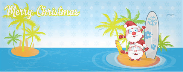 有趣的圣诞老人卡通岛与冲浪。横幅图片下载