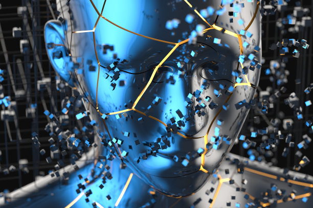 蓝色金属粒子人头，3d渲染。图片下载