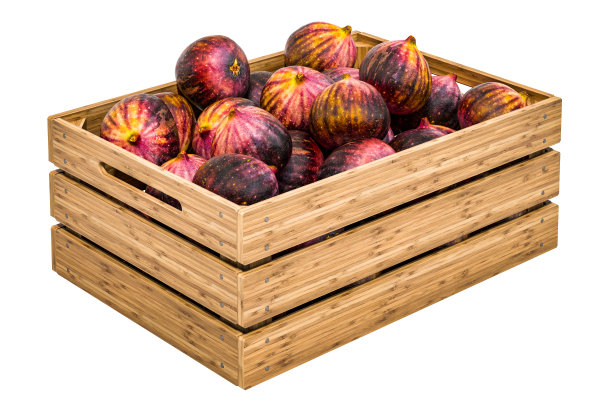常见的无花果在木箱，3D渲染孤立的白色背景图片下载