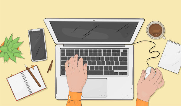 一个在笔记本电脑前工作的欧洲女性。手放在电脑键盘和鼠标上。图片下载