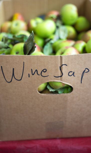 在农贸市场贴着标签的纸板箱里的苹果图片下载