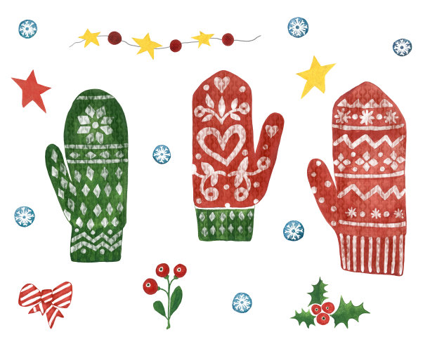 圣诞套编织的手套与冬青，花环和雪花图片下载