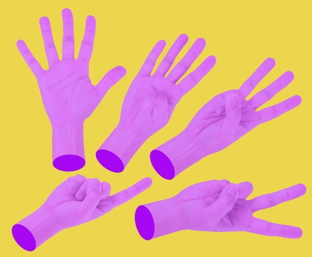 五只计数手，黄色波普艺术背景下的时尚创意理念。图片下载