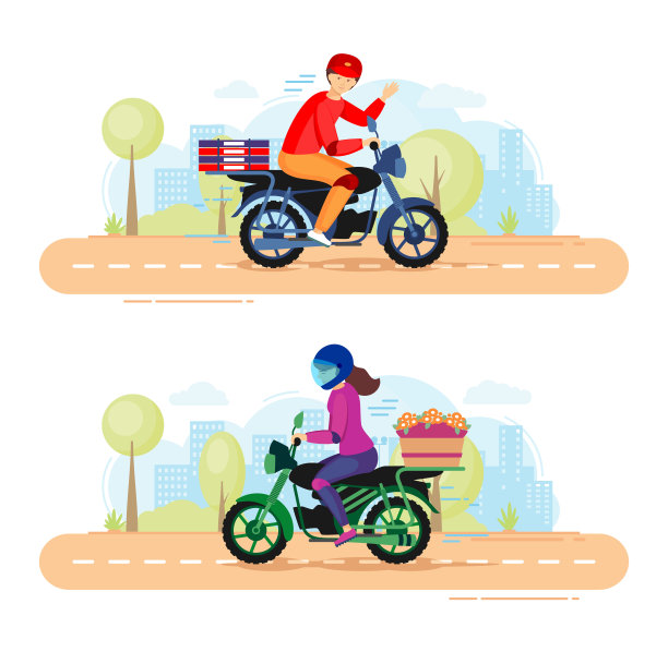 摩托车上的披萨和鲜花外卖图片下载