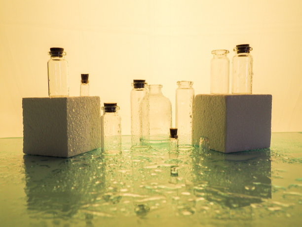 很少有透明的瓶子，喷水。空的玻璃瓶。图片下载