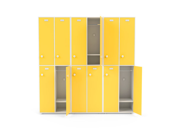 黄色的储物柜。学校或体育馆的两排储物柜图片下载