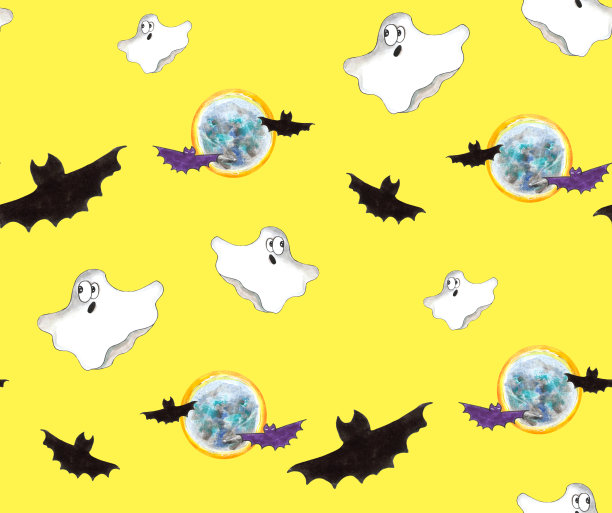 万圣节水彩无缝图案与满月，蝙蝠和有趣的幽灵在黄色的背景。用于包装纸，卡片，海报，横幅。秋天的节日图片下载