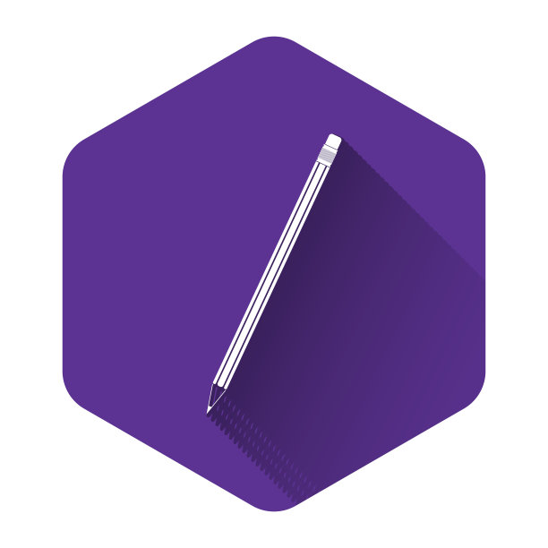 白色铅笔与橡皮图标隔离与长阴影。教育的迹象。绘画和教育工具。学校办公室的象征。紫色的六角按钮。矢量图图片下载