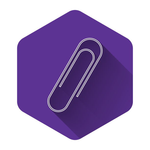 白色回形针图标孤立与长阴影。紫色的六角按钮。矢量图图片下载