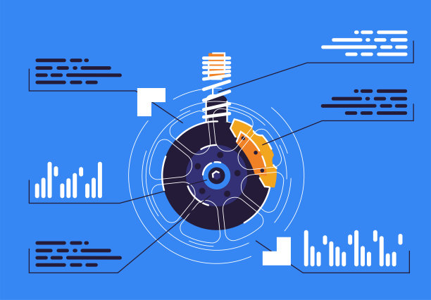 矢量图的制动盘与车轮的轮廓与铸盘，汽车减震器，汽车底盘的技术资料图片下载