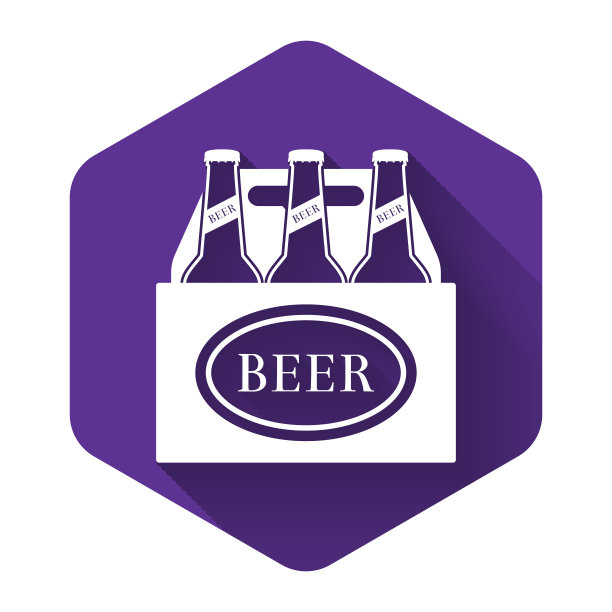 白色包装的啤酒瓶图标孤立与长影子。箱箱啤酒箱标志。紫色的六角按钮。矢量图图片下载