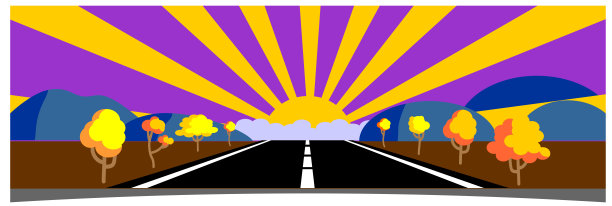 秋天的风景与明亮的橘子树沿道路，山和一个大明亮的太阳与光线从它图片下载