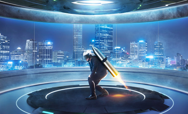 准备用喷气背包飞行的商人图片下载