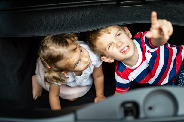 漂亮的孩子们在车后座上玩耍图片下载