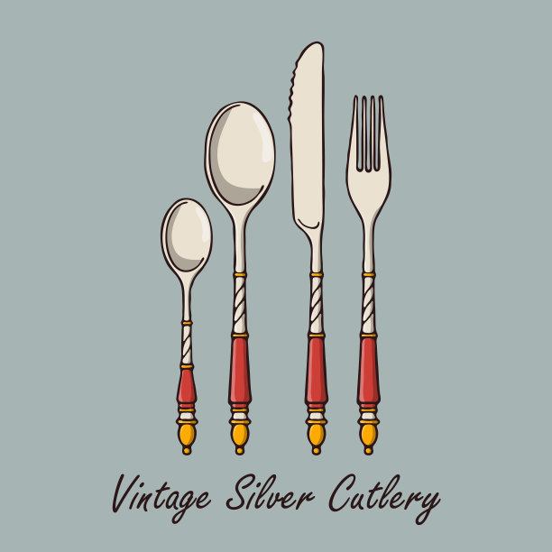 手绘复古银餐具。图片下载