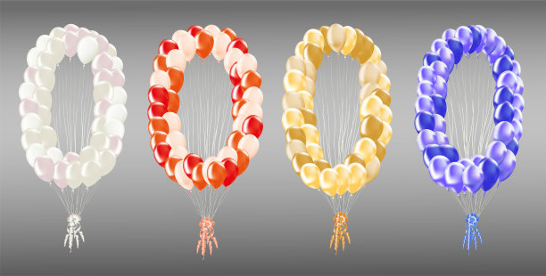 数字0由许多气球组成，有四种颜色可供选择素材图片