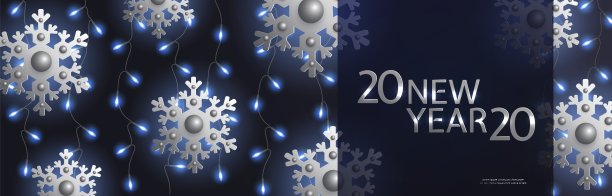 2020年新年圣诞横黑横幅，银色雪花，蓝色灯泡图片下载