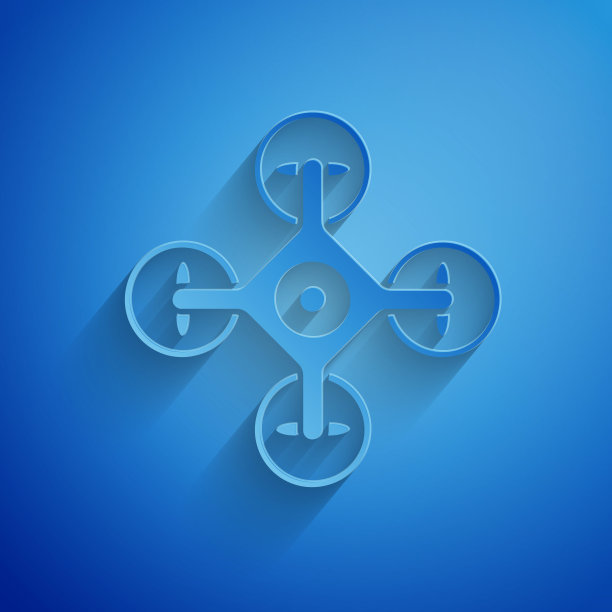 剪纸无人机飞行与行动摄像机图标隔离在蓝色背景。带有视频和照片相机符号的四轴飞行器。纸艺术风格。矢量图图片下载