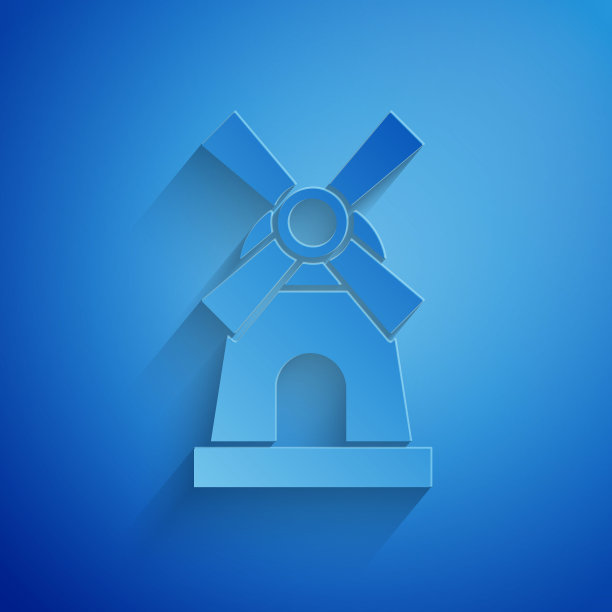 剪纸风车图标孤立在蓝色背景。纸艺术风格。矢量图图片下载