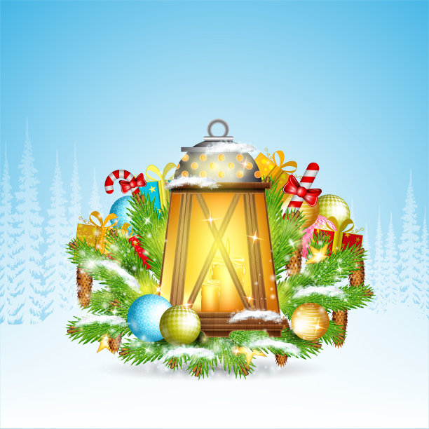 一盏插着蜡烛的灯，放在白雪覆盖的冷杉树枝上，上面放着礼物。森林景观背景上的圣诞光泽元素图片下载