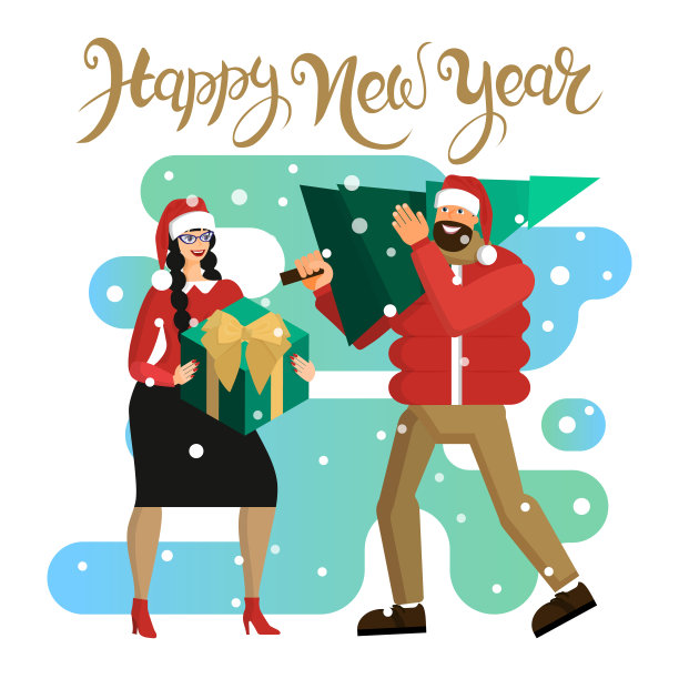 戴着圣诞帽的男人和女人，丈夫和妻子或恋人，正在准备庆祝新年图片下载