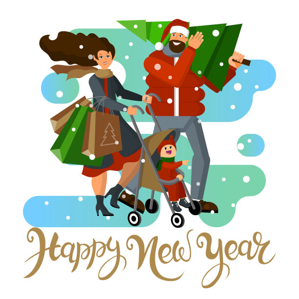 一个快乐的家庭带着孩子带着圣诞树回到家，并在新年前夕和圣诞前夕购物。横幅、广告、海报模板设计图片下载