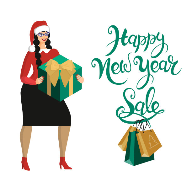 戴圣诞帽的女人在圣诞大减价的时候买礼物。模板横幅，广告，海报。图片下载