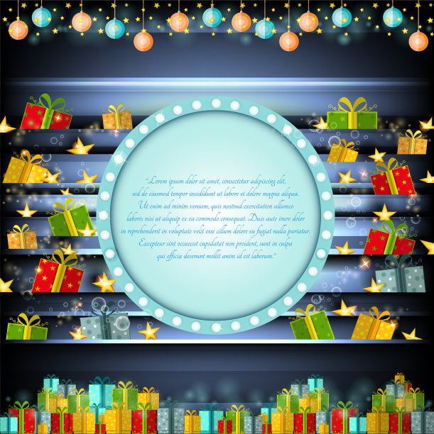 蓝色的圆圈框架在银色的圣诞背景与金色的星星和礼物盒图片下载