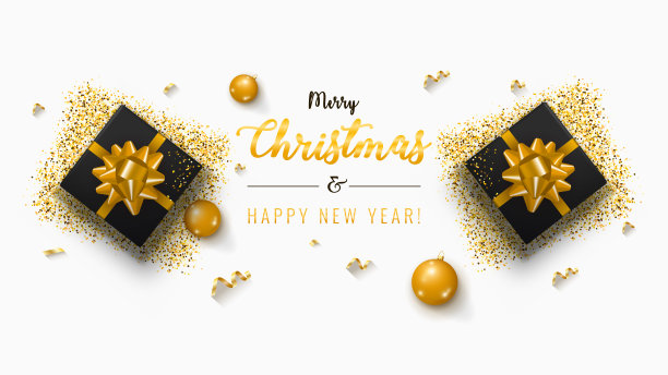 圣诞节的旗帜。背景圣诞设计与现实的礼盒，金色的五彩纸屑和彩带和金球。图片下载