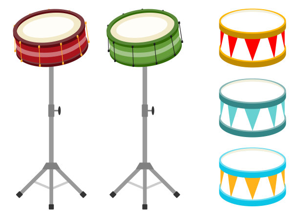 鼓，一组现实的鼓孤立在白色。卡通，矢量插图鼓与棍棒。图片下载