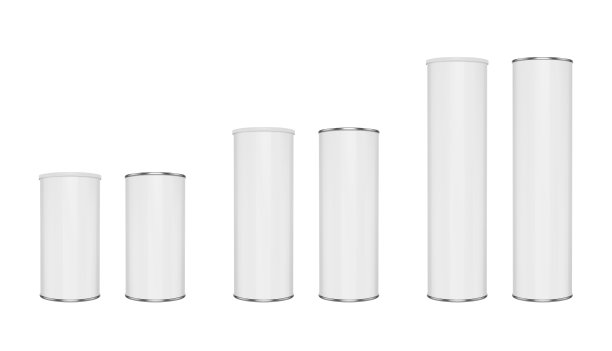 圆柱形包装的薯片，茶或酒。真实的矢量模型集的关闭和打开的罐头。图片下载